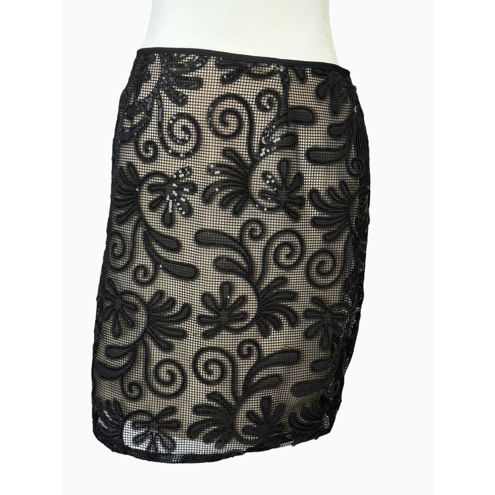 Steve Madden Women's L Black Sequin Embroidered Lace Pencil Skirt Nude Lined